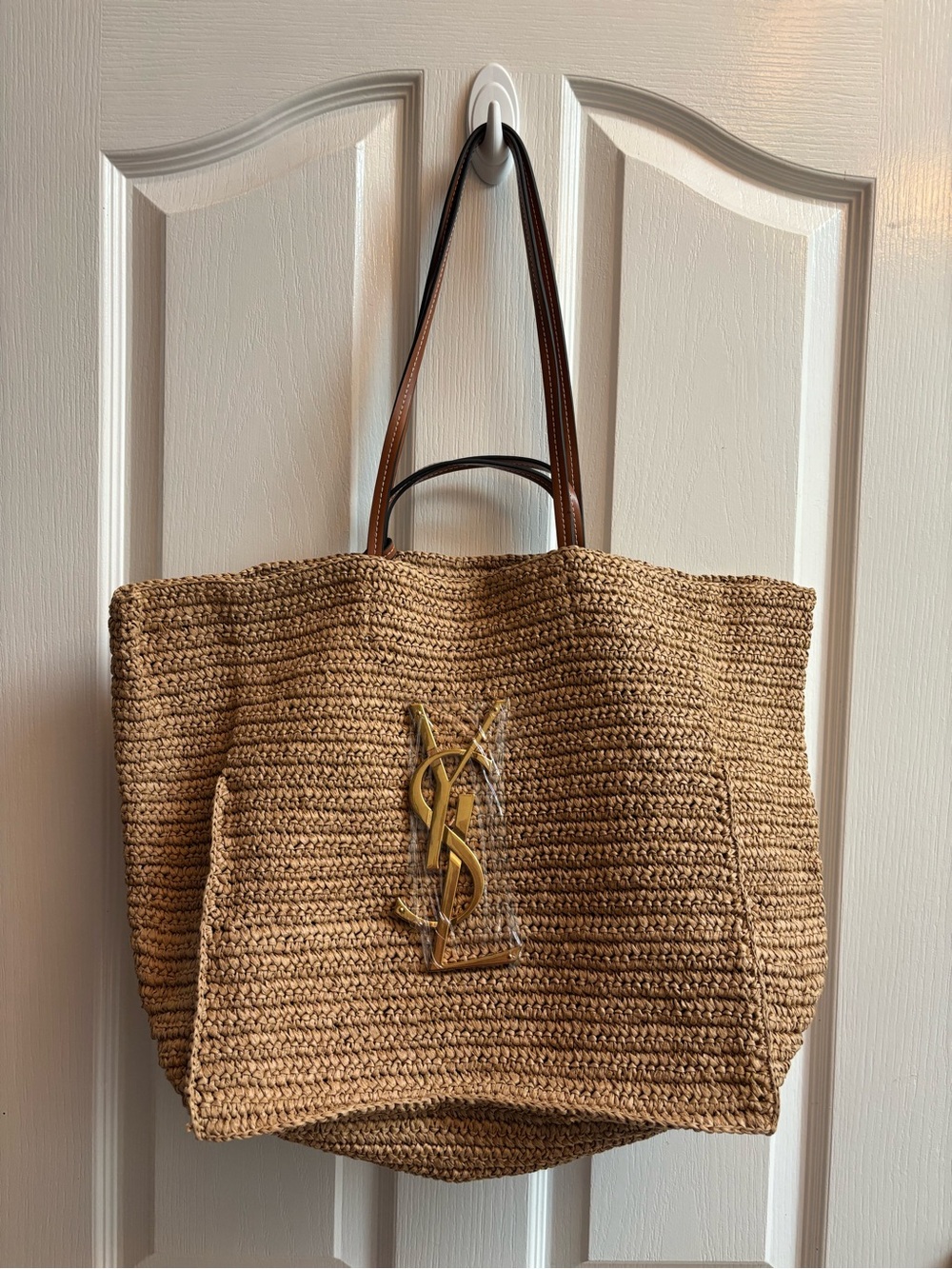 YS Laurent Natural Woven Tote with Brown Leather Handles and Gold Logo NWOT